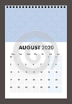 August 2020 calendar with wire band