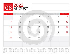 AUGUST 2022 year, Calendar planner 2022 and Set of 12 Months, wall calendar 2022, calendar design vector