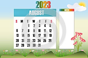August 2023 - Calendar. Week starts on Sunday