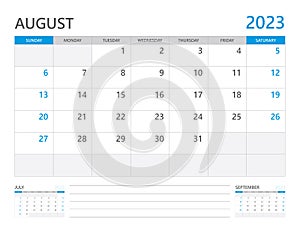 August 2023 year, Calendar planner 2023 and Set of 12 Months, calendar 2023, wall calendar 2023 year, simple calendar 2023