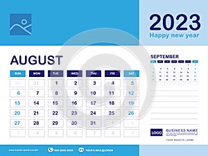 August 2023 year, Calendar planner 2023 and Set of 12 Months, week start on Sunday. Desk calendar 2023 design, simple, Wall