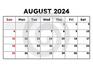 August 2024 calendar. Vector illustration. Monthly planning for your business