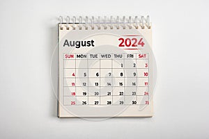 August 2024. One page of annual business monthly calendar on white background. August 2024 reminder, business planning,