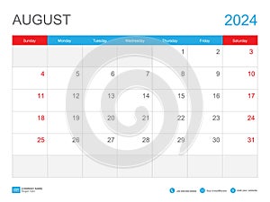 August 2024 template-Calendar 2024 design , Desk Calendar 2024 template, Planner simple, Week starts Sunday, Stationery, Wall