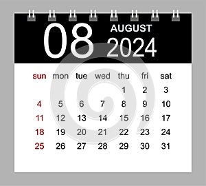 August 2024. Vector monthly calendar template 2024 year in simple style for template design