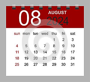 August 2024. Vector monthly calendar template 2024 year in simple style for template design