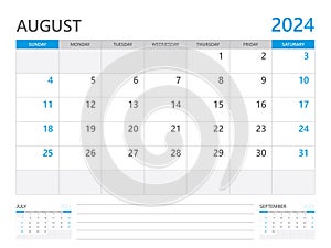 August 2024 year, Calendar planner 2024 and Set of 12 Months, week start on Sunday. Desk calendar 2024 design, simple and clean