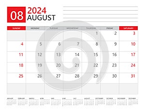 August 2024 year, Calendar planner 2024 and Set of 12 Months, week start on Sunday. Desk calendar 2024 design, simple and clean