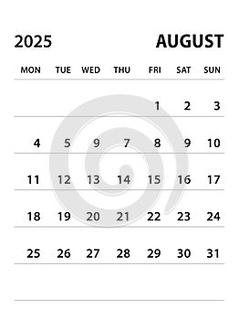 August 2025-Calendar 2025 template vector on white background, week start on monday, Desk calendar 2025 year, Wall calendar design