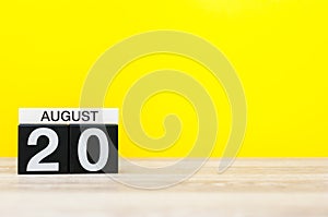 August 20th. Image of august 20, calendar on yellow background with empty space for text. Summer time