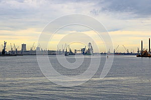 August 21 2020 - Rostock-WarnemÃ¼nde, Mecklenburg-Vorpommern/Germany: Details of the industry port and dockside cranes at the