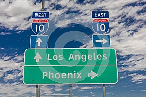 AUGUST 23, 2017 - Interstate 10 highway signs to and from Phoenix and Los Angeles,. West, California