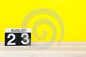 August 23rd. Image of august 23, calendar on yellow background with empty space for text. Summer time