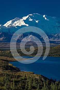 AUGUST 28, 2016 - Mount Denali and Wonder Lake, previously known as Mount McKinley, the highest mountain peak in North America, at