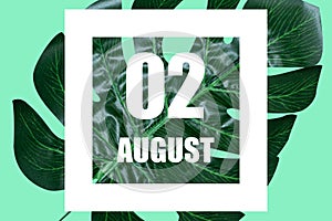 august 2nd. Day 2 of month,Date text in white frame against tropical monstera leaf on green background summer month, day