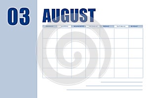 august 3. 3th day of month, calendar date.Event planner for month, agenda. Table with weeks of month for reminders