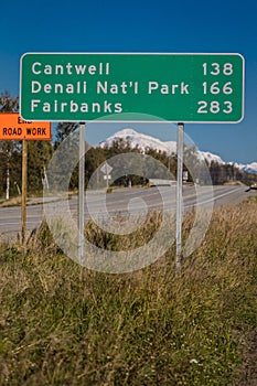 AUGUST 31, 2016 - Road Sign to Cantwell, Denali National Park and Fairbanks, Alaska