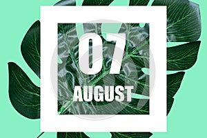 august 7th. Day 7 of month,Date text in white frame against tropical monstera leaf on green background summer month, day