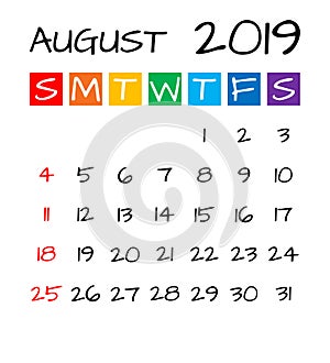 August 2019 calendar, kids style vector illustration