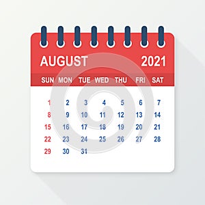 August 2021 Calendar Leaf. Calendar 2021 in flat style. Vector illustration.