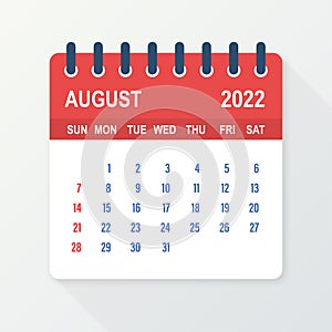 August 2022 Calendar Leaf. Calendar 2022 in flat style. Vector illustration.