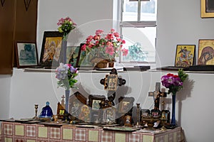 Chakvi village. Icons in an old Georgian church