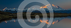 AUGUST 30, 2016 - Mount Denali at Wonder Lake, previously known as Mount McKinley, the highest mountain peak in North America, at