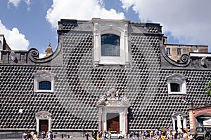 August 6, 2023 - Naples, Italy. Church of Gesu Nuovo. A 1400s temple with an intricate stone facade