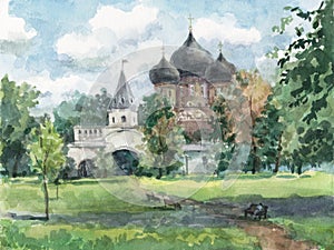 August park in Moscow with a church, watercolor