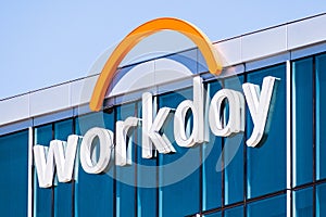 August 25, 2019 Pleasanton / CA / USA - Close up of Workday sign at their headquarters; Workday, Inc. is an onÃ¢â¬âdemand cloud-