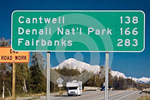 AUGUST 31, 2016 - Road Sign to Cantwell, Denali National Park and Fairbanks, Alaska