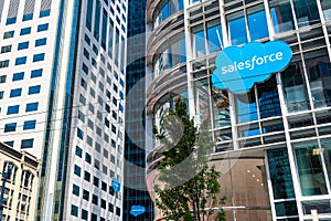 August 21, 2019 San Francisco / CA / USA - Salesforce logo displayed on the facade of Salesforce tower, the new corporate