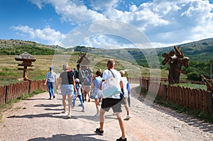 August 25, 2021. Simferopol district, republic of Crimea. The excursion group goes on a hike to the valley of the Red Caves