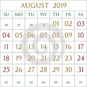 August 2019 square on white