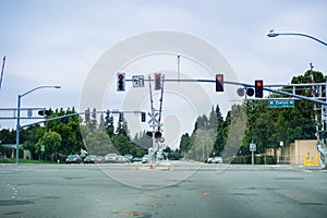 August 3, 2017 Sunnyvale/CA/USA - Railway crossing at a street junction near a residential neighborhood in Silicon Valley