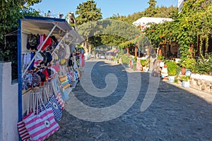 August 26th 2017 - Kos island, Dodecanese, Greece - Street with touristic shops and taverns in the traditional Zia village in Kos