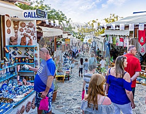 August 26th 2017 - Kos island, Dodecanese, Greece - Street with touristic shops and taverns in the traditional Zia village in Kos