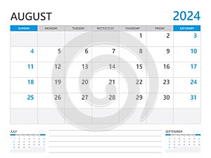 August 2024 year, Calendar planner 2024 and Set of 12 Months, week start on Sunday. Desk calendar 2024 design, simple and clean photo