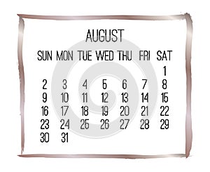 August year 2020 monthly bronze calendar photo