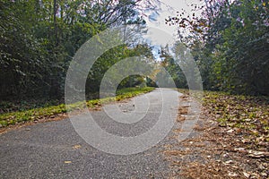 Augusta Canal Trail empty paved trail with Fall foliage and person on bike in the distance