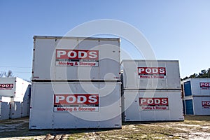 PODS shipping containers stacked high