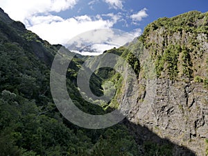 The Augustave path in the morning, tropical landscape in the circus of Mafate, unesco site