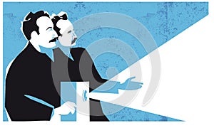 Auguste and Louis Lumiere brothers Lumiere cinematograph inventor, the first film, vector illustration photo