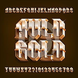 Auld Gold 3D alphabet font. Vintage golden letters and number.