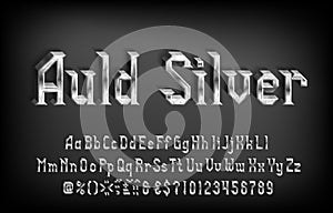Auld Silver alphabet font. 3D damaged metal letters, numbers and punctuations. Uppercase and lowercase.