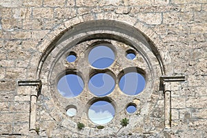Aulps Abbey rose window in Saint-Jean-d`Aulps, Haute-Savoie, French Alps