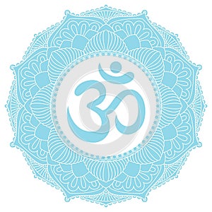 Aum Om symbol in decorative round mandala ornament.