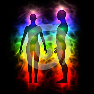 Aura, healing energy, extrasensory perception - woman and man silhouette