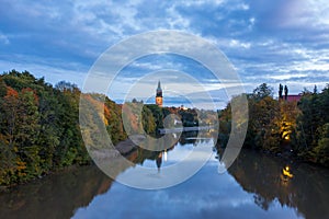 Aura river and the tower of Turku Cathedral in autumn