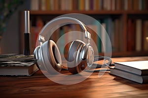 Aural exploration of literature, Books and headphones on wooden table photo